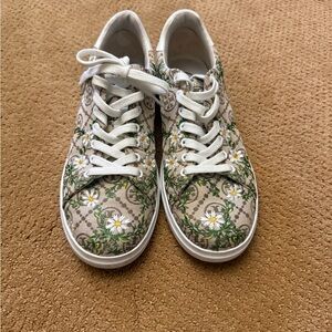 Tory Burch Beige Canvas Floral Lace-Up Sneakers with Green Vines